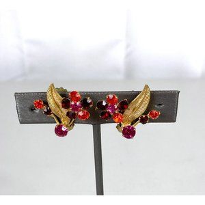 Vintage Austrian Crystal Rhinestone Flower Gold Tone Leaf Earrings Clip on